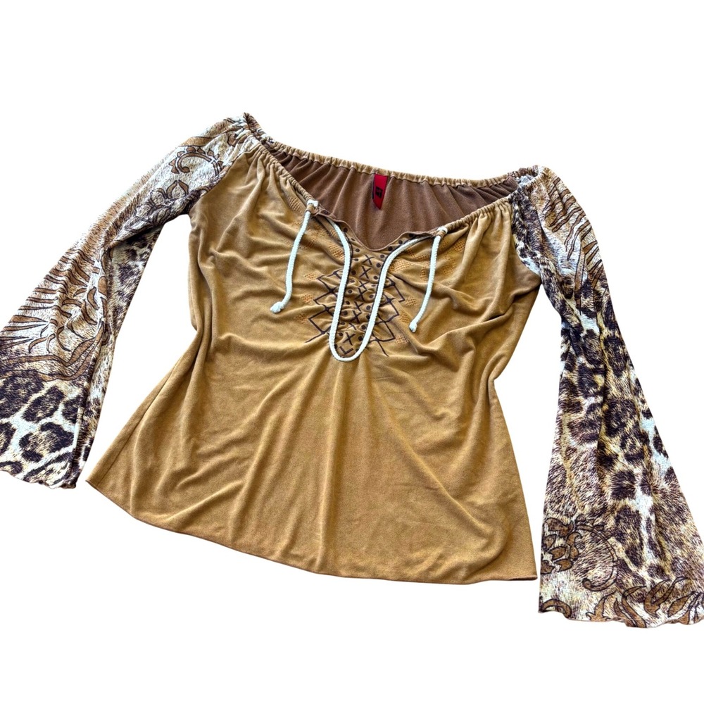 Just In Time USA Brown Leopard Paisley Off Shoulder Mesh Lace Up Bell Sleeve Top